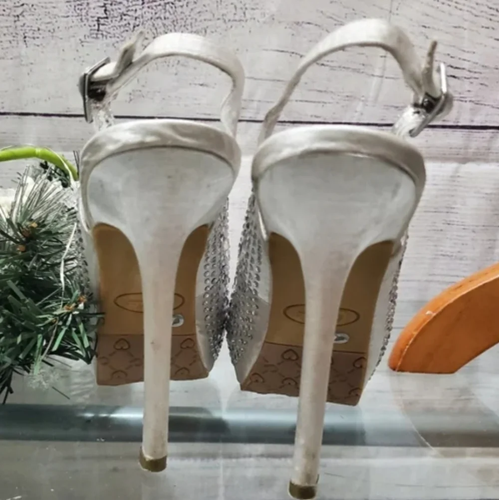 Candie's Rhinestones Embellished Open Toe Sling Back Stilletoes Silver 8.5M
